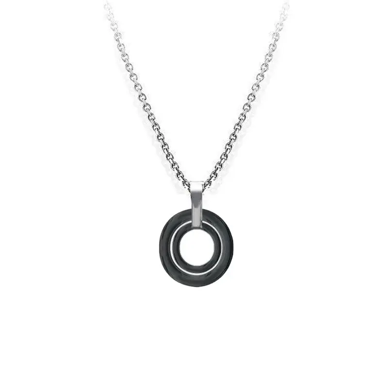 Nouveauté Collier fantaisie pour femme céramique - Chaînettes couleur argenté et cercles noir