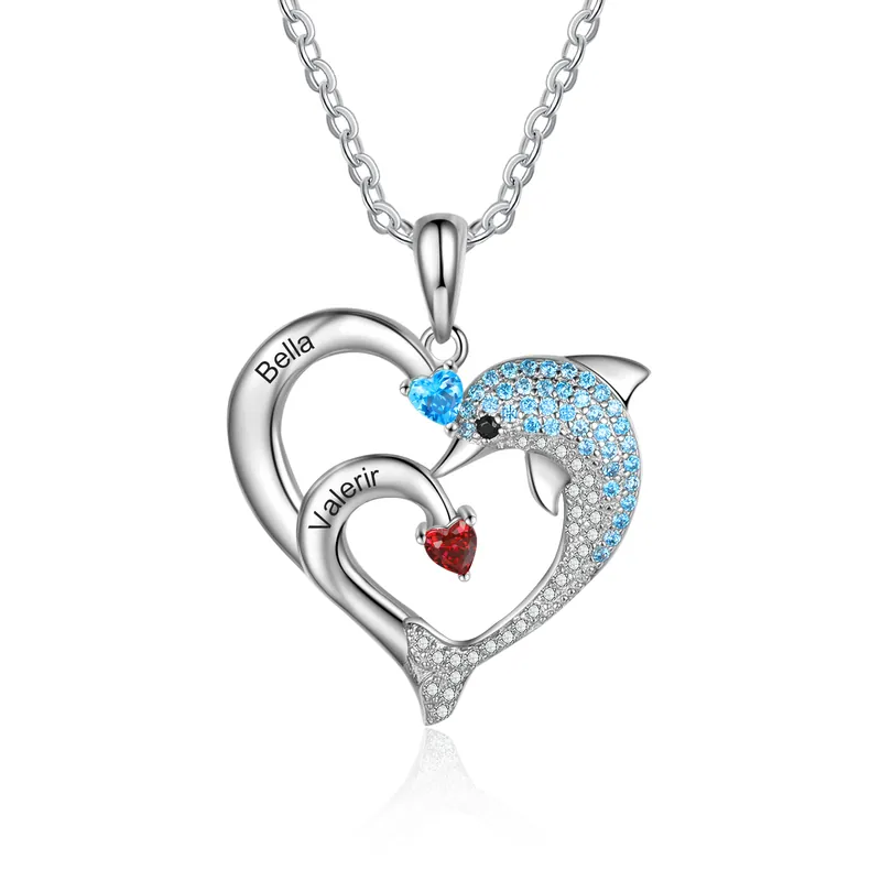 À ma Fille - Collier coeur et dauphin 2 Prénoms Personnalisés avec 2 Pierre de Naissance Dernière Chance
