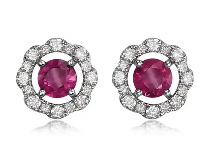 Boucles d'oreilles Ombelle rubis solitaire et jacquets halo fleur en diamants en or blanc 14k Commander Vite