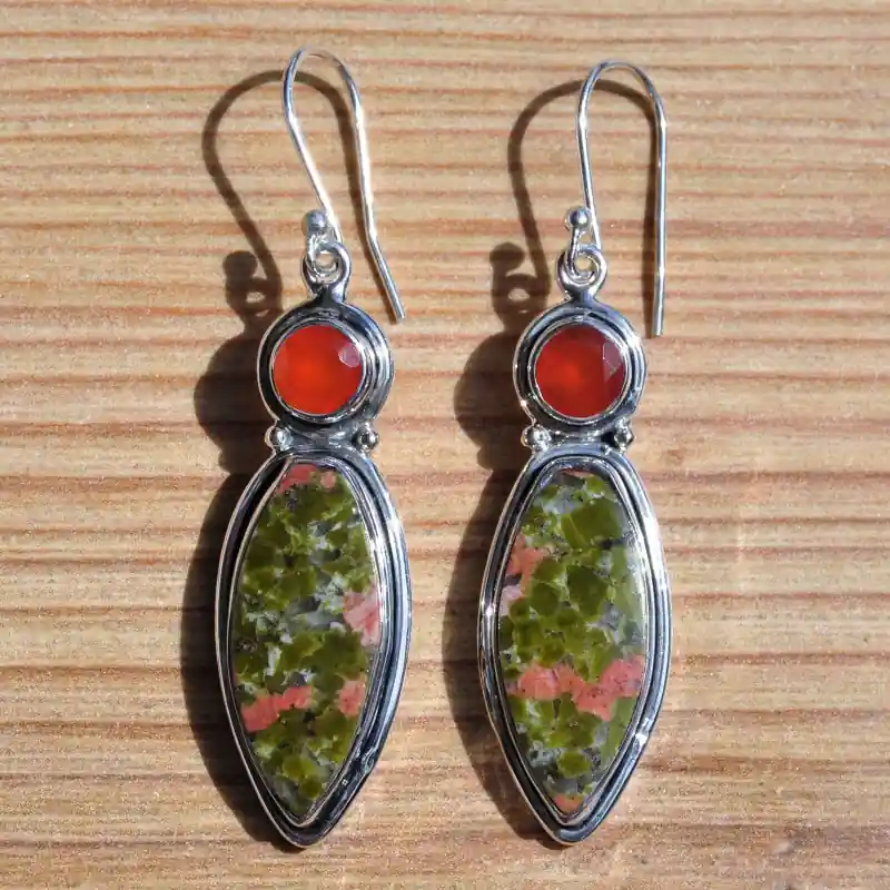 Prix Réduit Grandes boucles d'oreilles argent et pierre navette en jaspe unakite (vert) (orange)