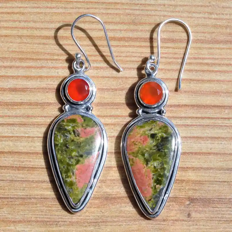 Meilleure Vente Grandes boucles d'oreilles argent et pierre goutte en jaspe unakite (vert) (orange)