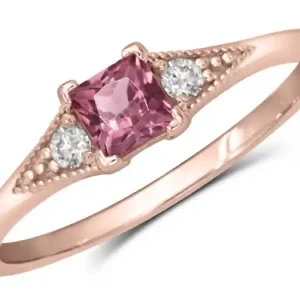 Quantité Limitée Bague Rosbelle tourmaline taille princesse et diamants style vintage en or rose 10k pour femme