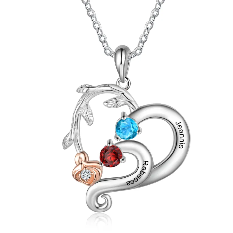 Collier Argent 925 2 Prénom Personnalisé PendentifCoeur avec Rose 2 Pierre de Naissance Livraison Express