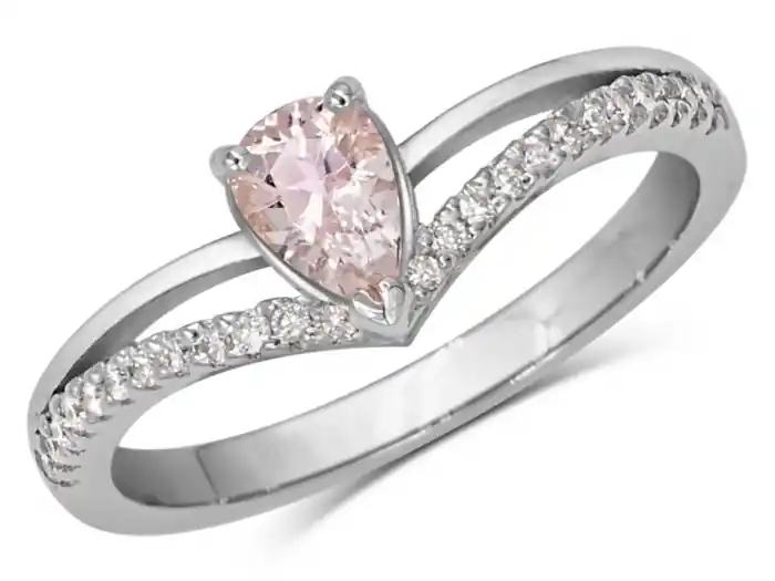 Bague Valorise morganite taille poire et diamants design chevron en or rose 14k pour femme Livraison Mondiale