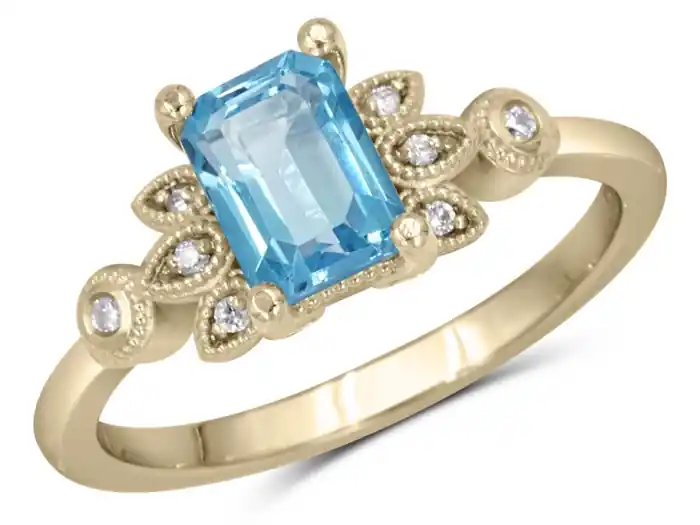 Bague Eugénie topaze bleue octogone et diamants design feuilles vintage en or blanc 10k pour femme Jusqu’à Épuisement Des Stocks