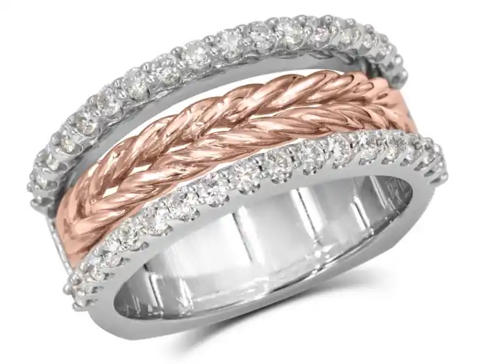Jonc César à diamants triple rangée et design tresse centrale en or blanc et rose 14k pour femme Nouveauté