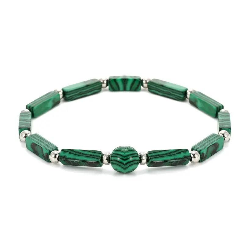 Bracelet pour femme - pierres naturelles malachite rectangulaires et perles d'acier Quantité Limitée