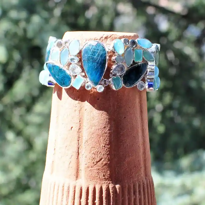 Bracelet manchette argent 58 pierres en Apatite Calcedoine et Topaze Populaire