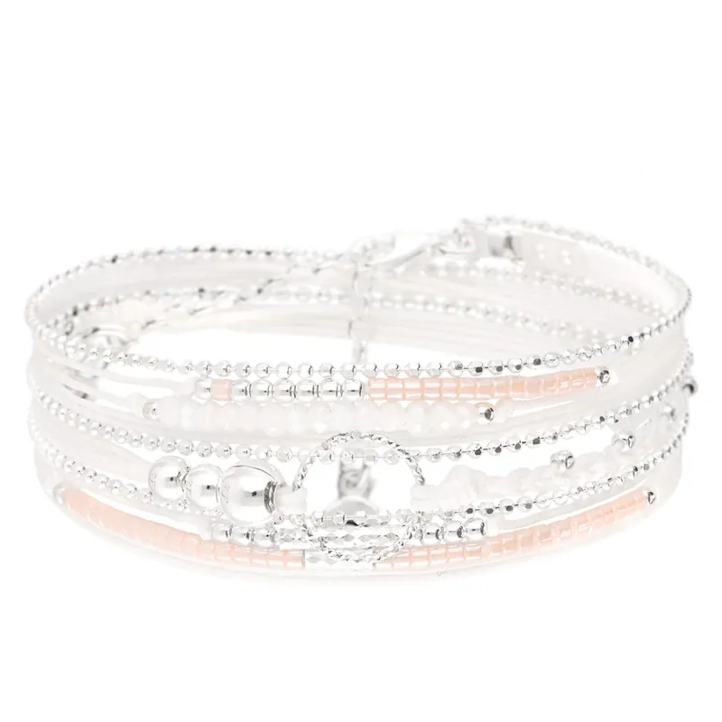 BRACELET BLANC ROSE TRIPLE TOURS ANNEAU DIAMANTE Authentique