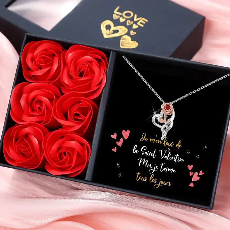 À Ma Femme - Collier Cœur Rose 2 Prénoms Personnalisés avec 1 Pierre de Naissance Must-Have