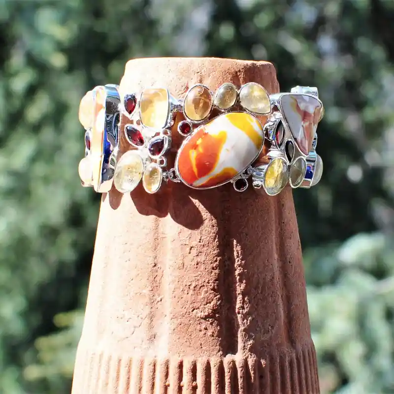 Bracelet manchette argent 43 pierres en Jaspe Citrine Grenat Quartz Premium