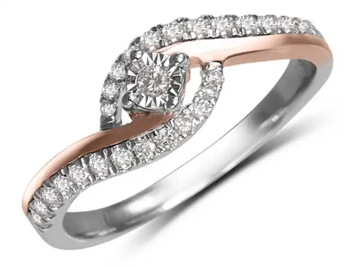 Bague Castel à diamants serti illusion central et joncs scintillants en or 10k 2 tons blanc et rose pour femme Artisanat