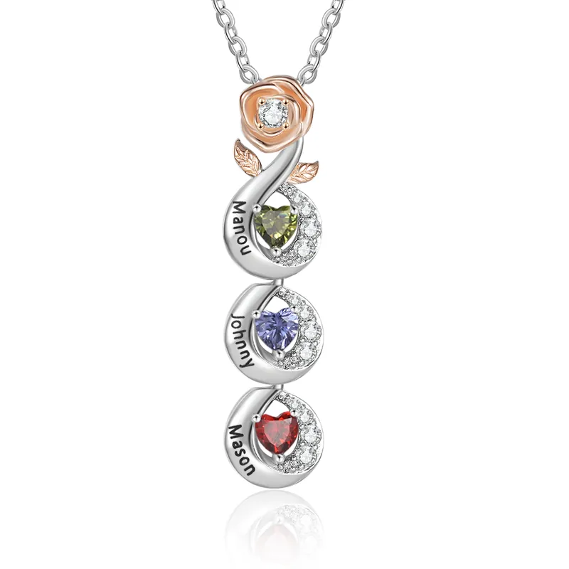 Acheter En Ligne Collier de rose 3 Prénoms Personnalisé avec 3 pierres de naissance | Jessemade