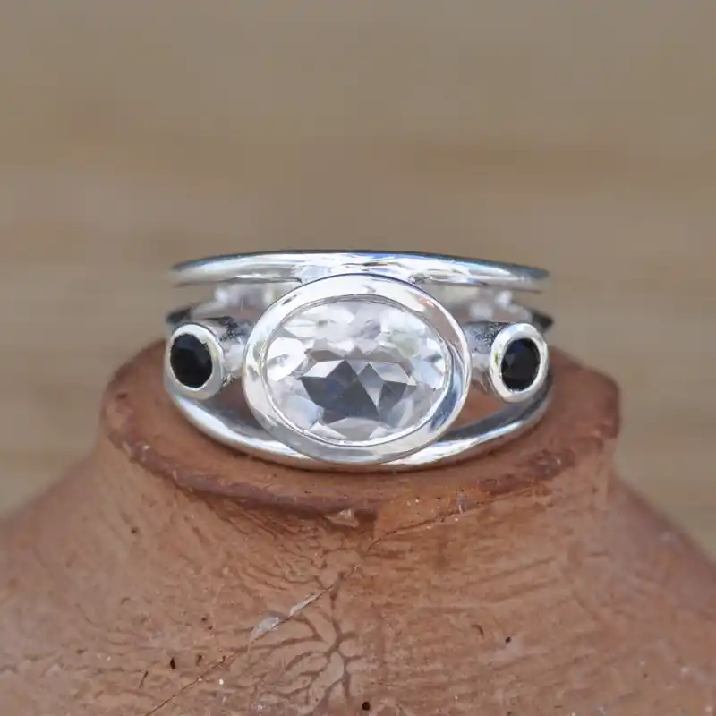 Bague 3 anneaux argent pierres bicolore Cristal de roche T60 Prix Réduit