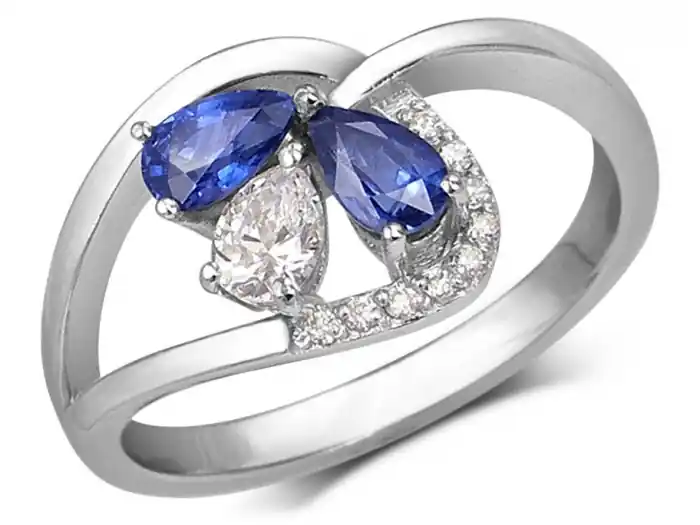 Nouvelle Collection Bague Gentiane saphirs et diamants trio de taille poire en or blanc 14K pour femme