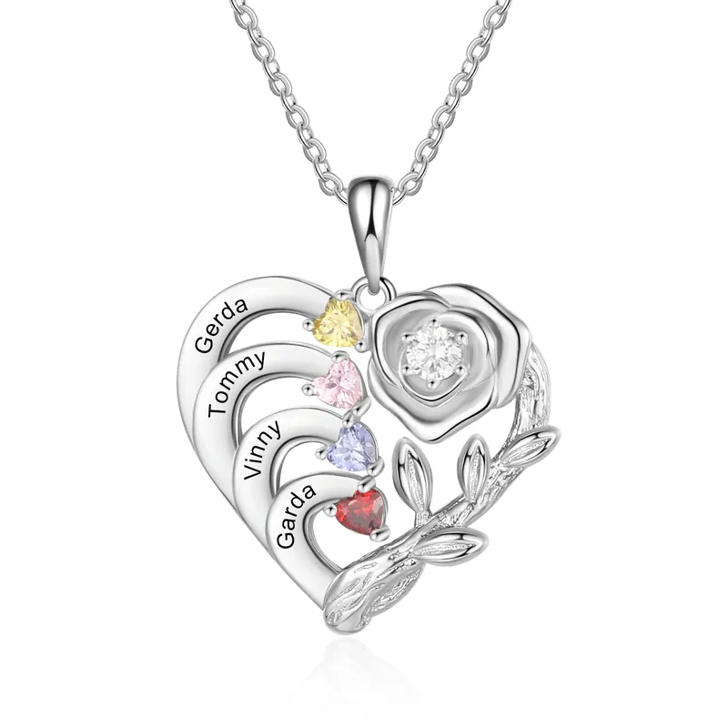 Vente Directe Collier de rose 4 Prénoms Personnalisé avec 4 pierres de naissance