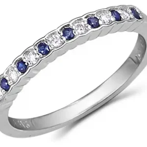 Acheter Direct Jonc Romance semi-éternité saphirs bleus et diamants en or jaune 14k pour femme