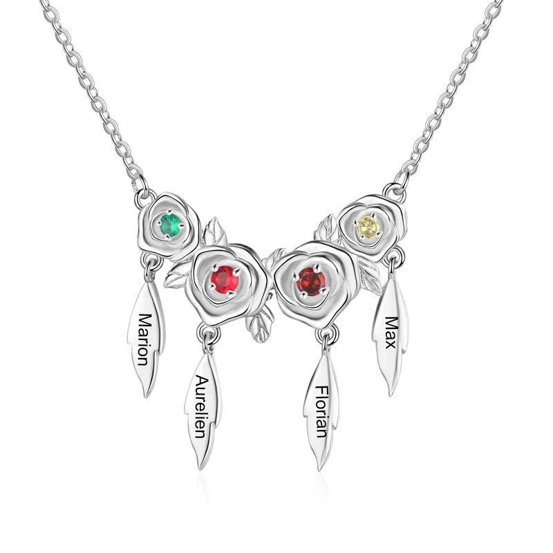 Soldes Collier de Rose 4 Prénoms Personnalisé avec 4 Pierres de Naissance