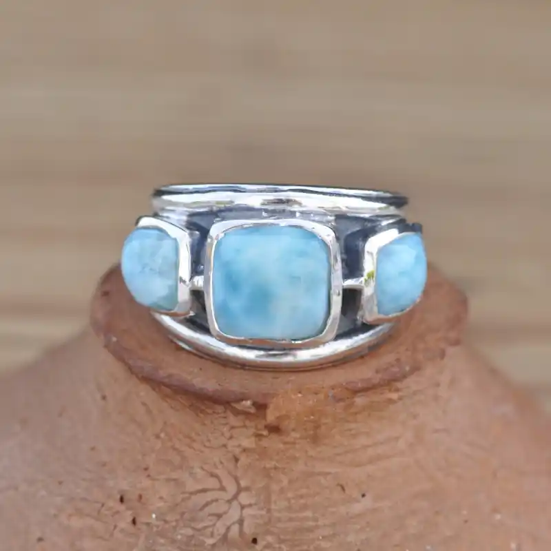 Anneau large en argent et 3 pierres en Larimar bleu T54 Quantité Limitée