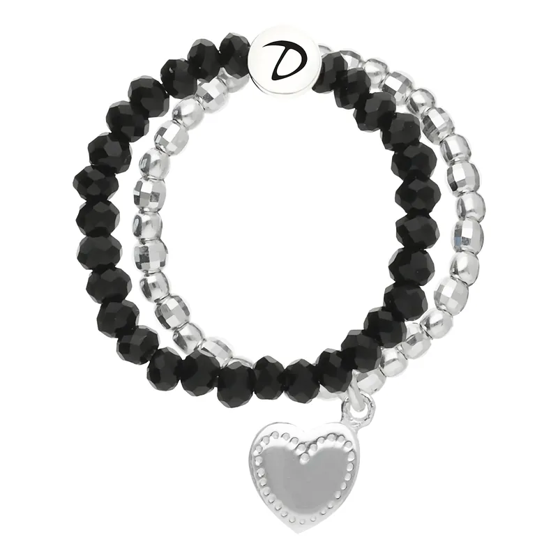 Soldes Bague Double Élastique Argent 925 Noire Coeur Penché Gravable