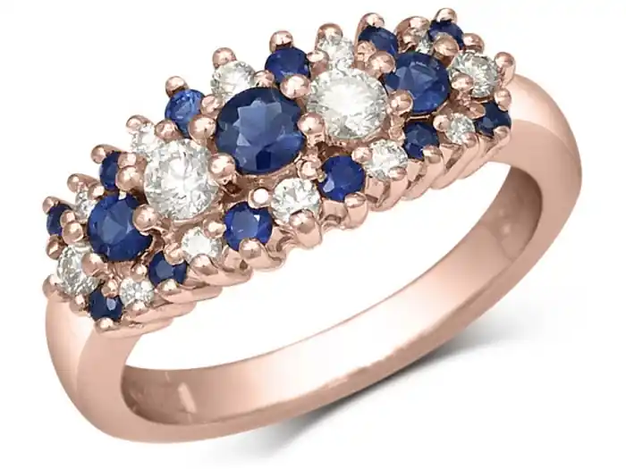 Bague Macédoine coussin de saphirs bleus et diamants en orjaune 14K pour femme Prix Choc