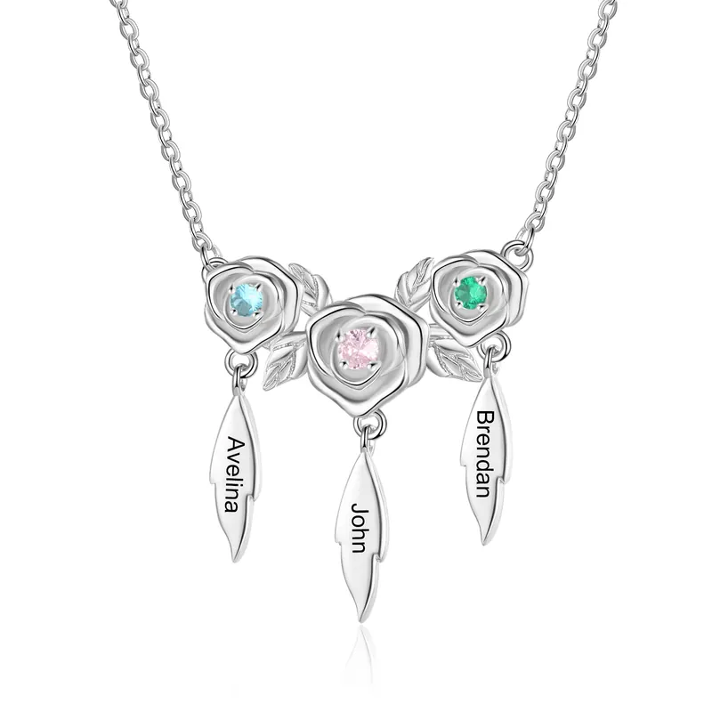 Must-Have Collier de rose 3 Prénoms Personnalisé avec 3 pierres de naissance