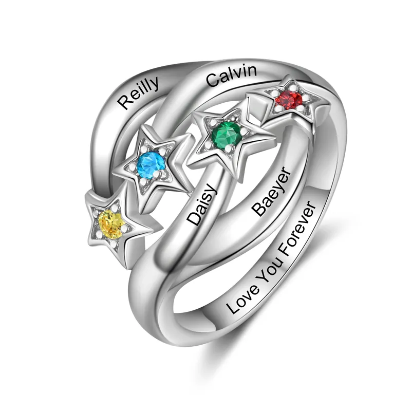 Must-Have Bague étoilé 4 Prénom Personnalisé avec 4 Pierre de Naissance et texte en Argent 925