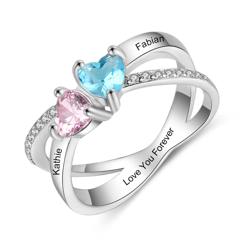 Petit Prix Bague 2 Prénom Personnalisé avec 2 Pierre de Naissance et texte en Argent 925