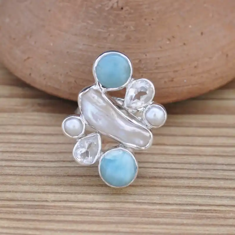 Promotion Saisonnière Bague argent multipierres Larimar Perle de culture et Cristal de roche (bleu) (blanc) T53