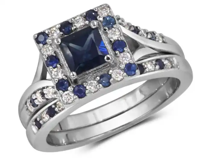 Alliances Cambridge saphir taille princesse et diamants en alternance or blanc 14k Offre Limitée