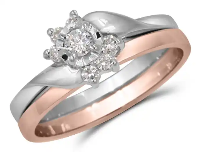 Top Vente Set d'alliances Florine à diamants serti illusion et rubans retroussés en or 14k blanc et rose