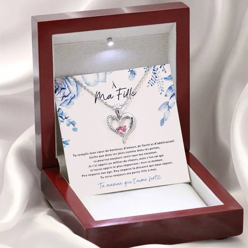 A ma fille-Collier coeur 1 Prénoms Personnalisés avec pierre de naissance avec Carte et Coffre Prix Choc