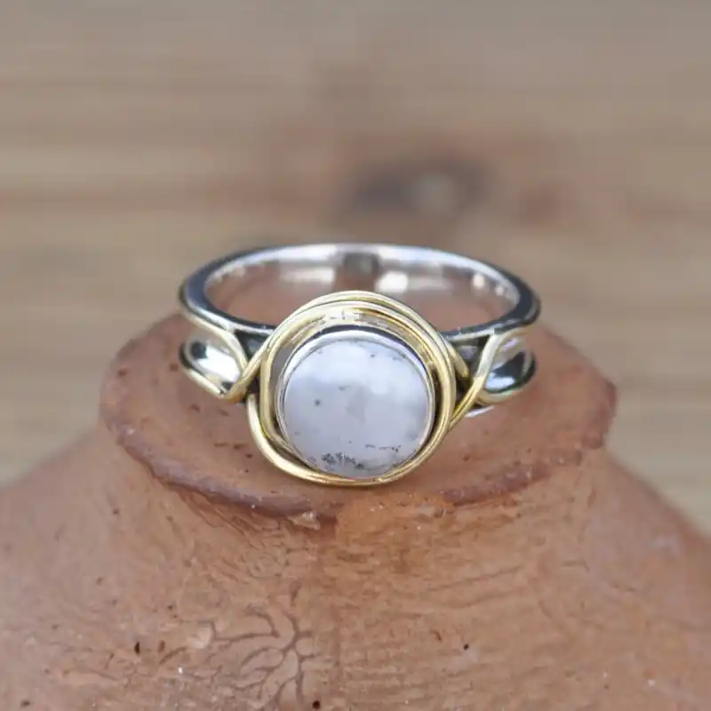 Bague argent avec dorure et pierre ronde en Agate dendrite (blanc) T52\\/54\\/56\\/57 Offre Du Jour