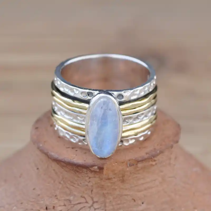 Usine Directe Bague large moderne argent dore et Pierre de lune (blanc) T54