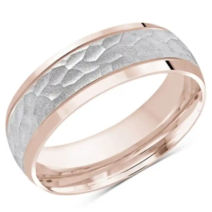 Quantité Limitée Hameris – 7mm Jonc bicolore martelée et bordures polies en or rose et blanc 10k pour homme