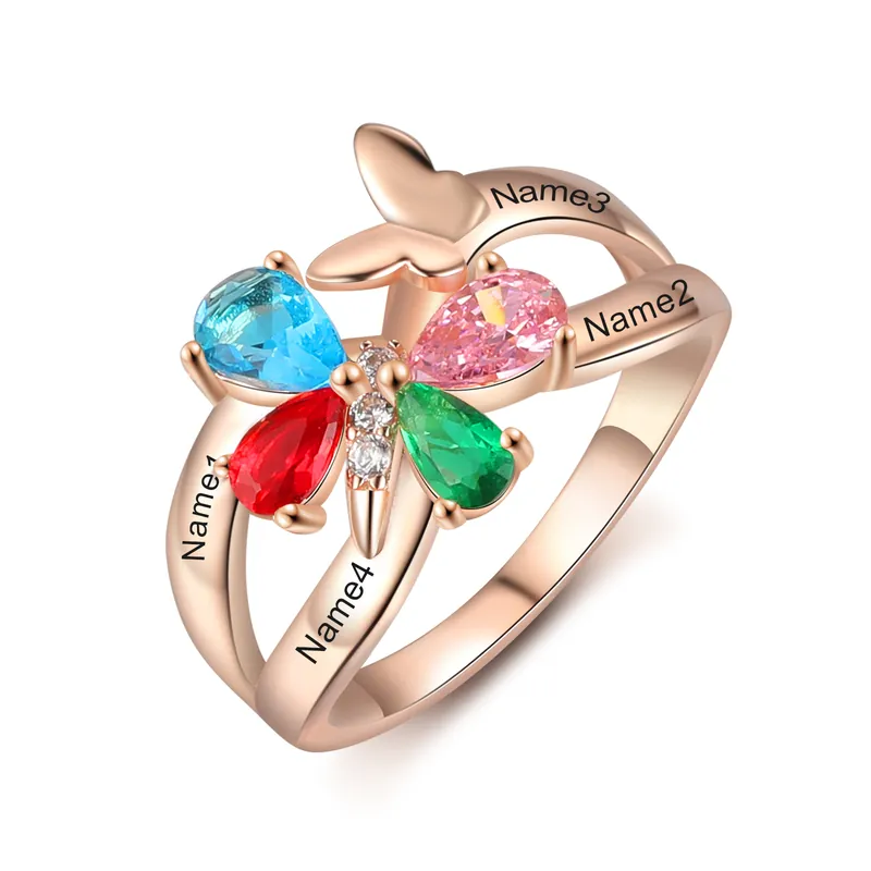 Promotion Bague Papillon Personnalisé 4 Prénom avec 4 Pierre de Naissance