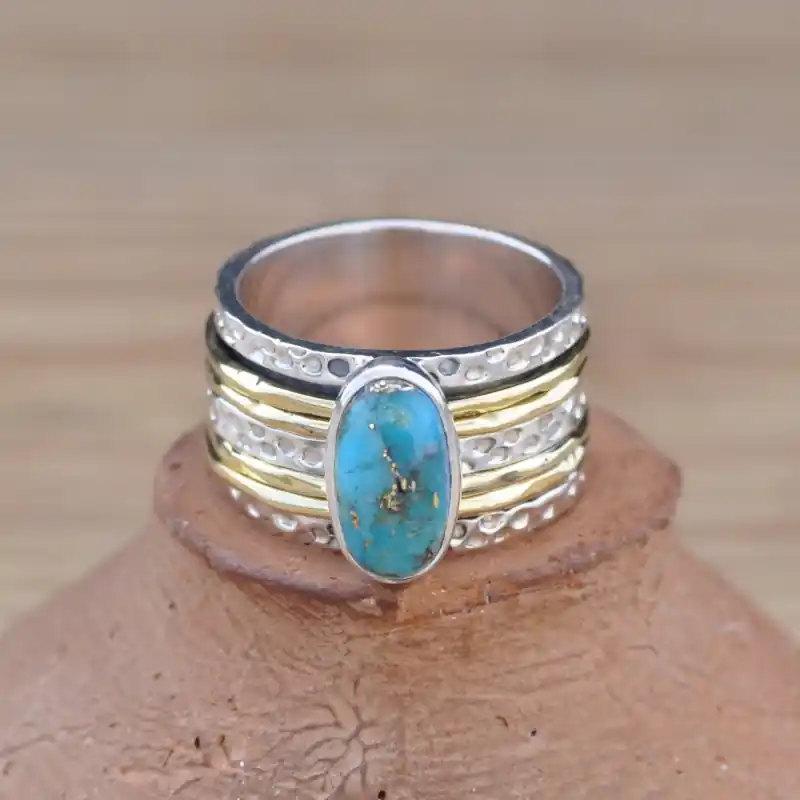 Seulement Aujourd’hui Bague large moderne argent dore et pierre Turquoise oblongue T55\\/57