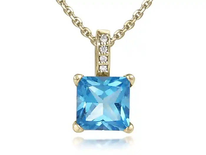 Pendentif Azurin topaze bleue taille princesse et diamants en or jaune 14k Meilleure Qualité