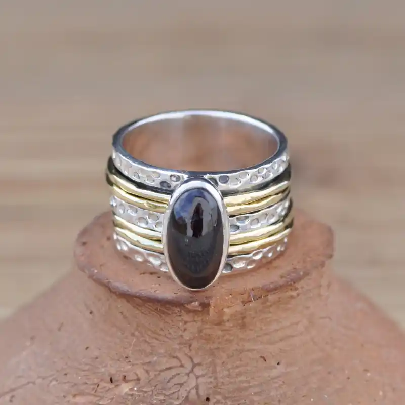 Meilleur Choix Bague large moderne argent dore et pierre Grenat oblongue (rouge) T51\\/53\\/54