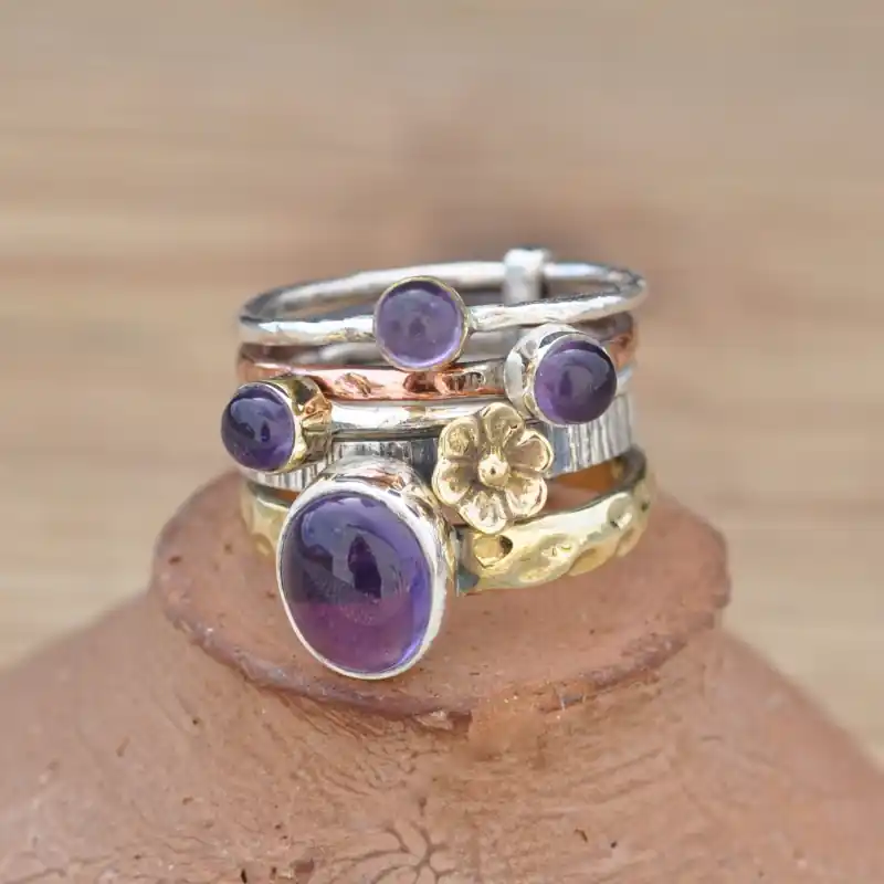 Acheter En Ligne Bague 5 anneaux argent et cuivre avec 4 pierres en Amethyste (violet) T51\\/54\\/55