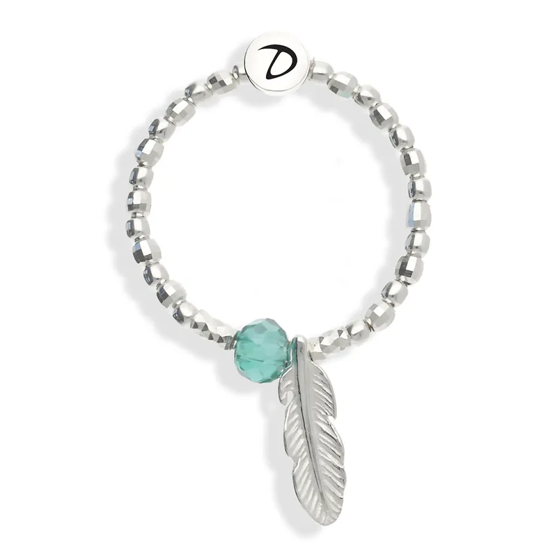 Bague Élastique Plume Perle Verte Argent 925 Paiement Sécurisé