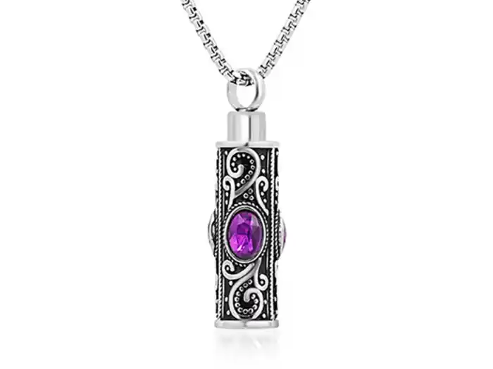 Pendentif reliquaire tube antique serti de pierres couleur améthyste en acier inoxydable Édition Limitée
