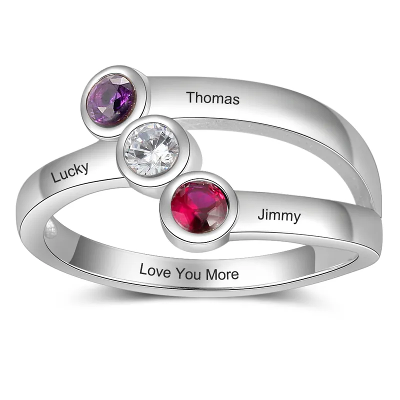 Satisfait Ou Remboursé Bague Argent 925 3 Prénoms Personnalisés avec 3 pierre naissance