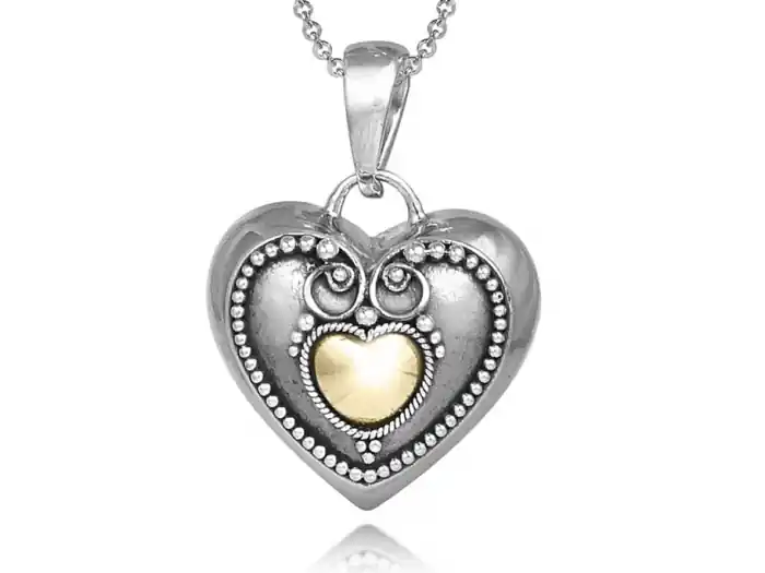 Réduction Pendentif reliquaire coeur antique et volutes minimales en argent et or jaune 18k