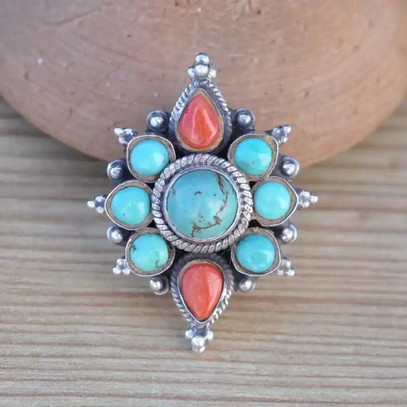 Paiement Sécurisé Bague nepalaise en argent, Corail et Turquoise du Tibet reglable T51\\/57