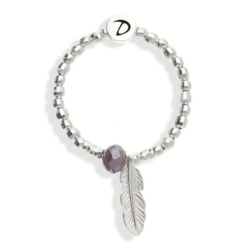 Bague Élastique Plume Perle Violette Argent 925 Populaire