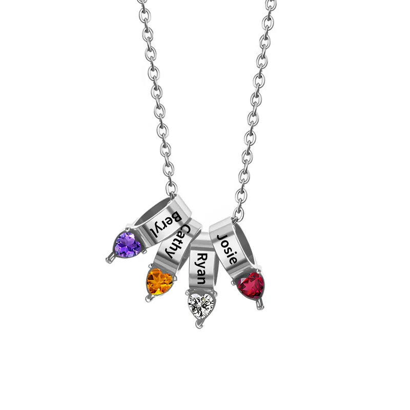 Original Collier Pendentif Cœur 4 Prénoms et Pierres de Naissance Personnalisés Collier Femmes
