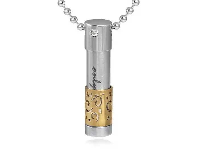Marque Pendentif reliquaire tube Only Love motif tourbillon mobile en acier inoxydable blanc et jaune