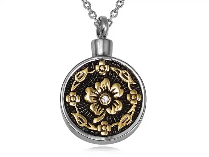 Nouvelle Collection Pendentif reliquaire pour cendres fleur antique acier inoxydable plaqué or jaune et zircon avec chaîne