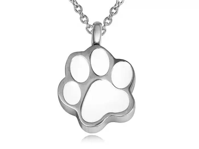 Pendentif Patte blanche reliquaire pour cendres animal ou chien en acier inoxydable avec chaîne Commander Maintenant